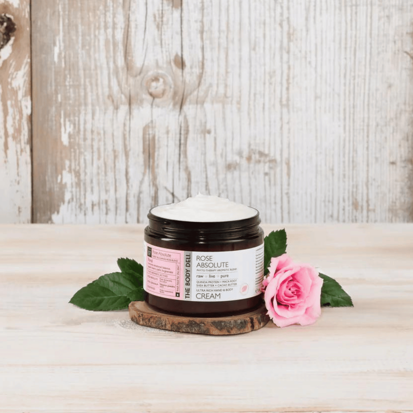 rose cream on a wood tray