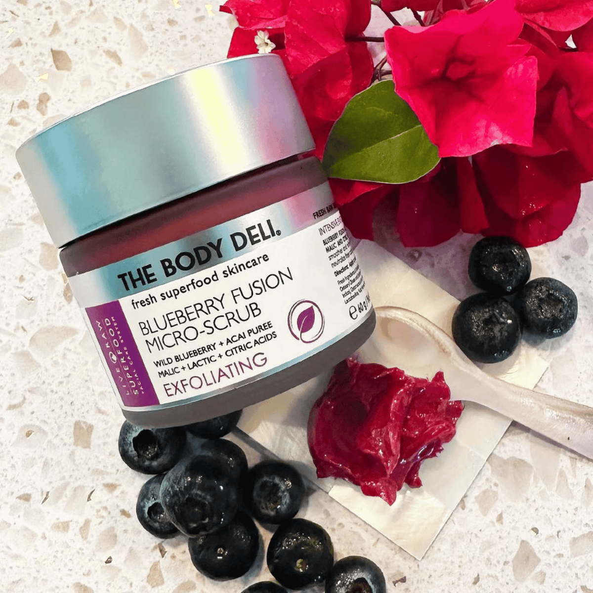body deli blueberry scrub with flowers