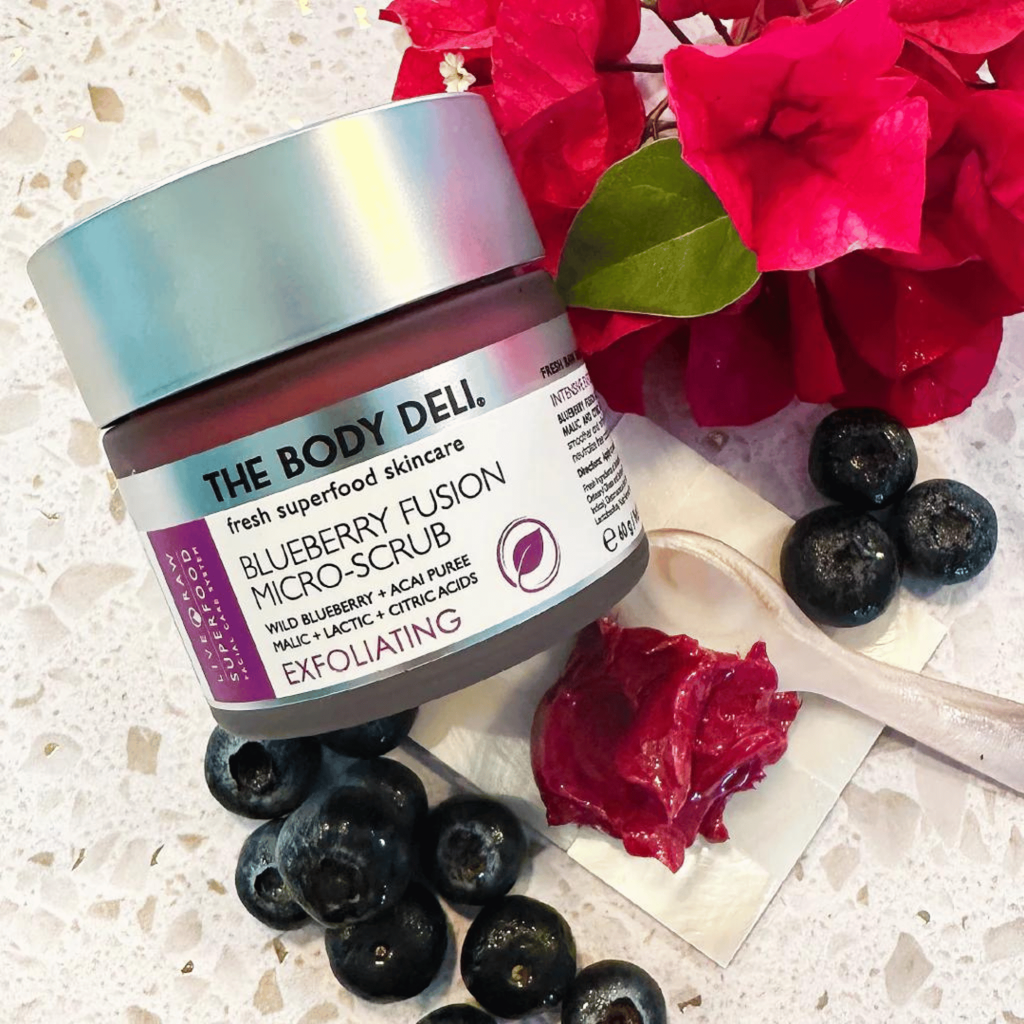 body deli blueberry scrub with flowers