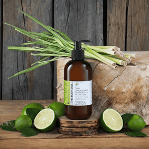 body lotion on wood with lime and lemongrass
