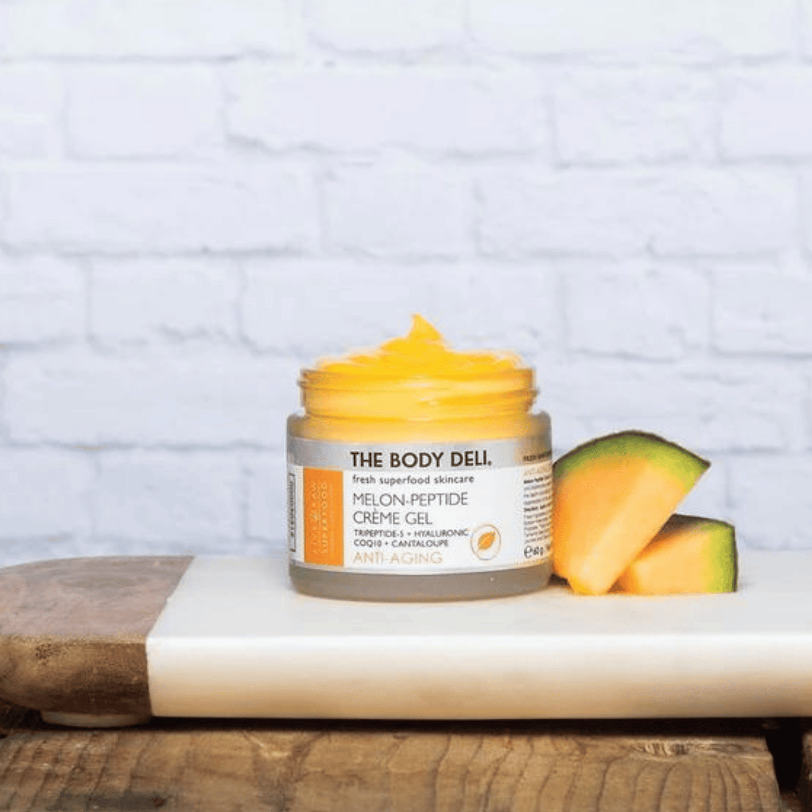 creme gel with cantaloupe on a tray