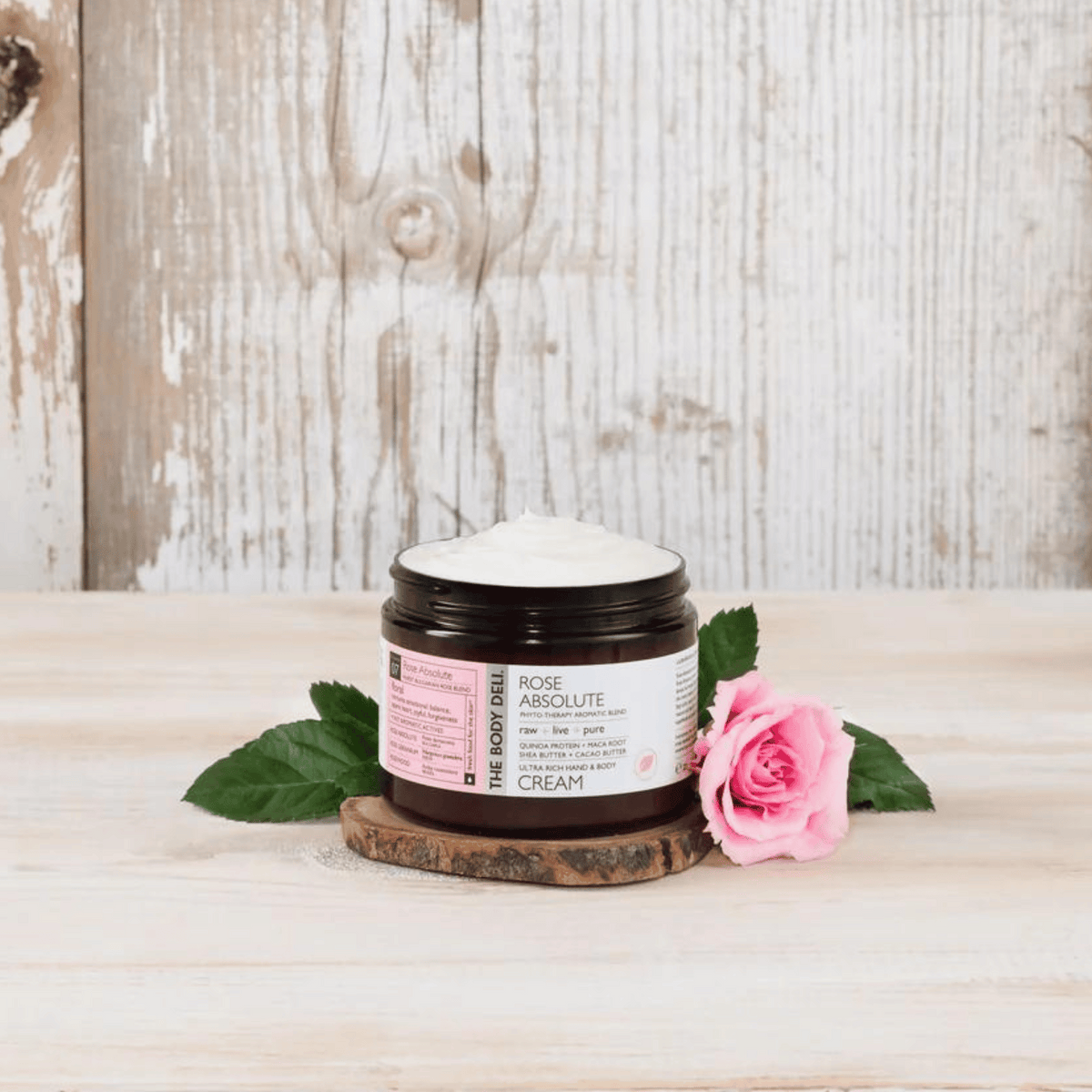 rose cream on a wood tray