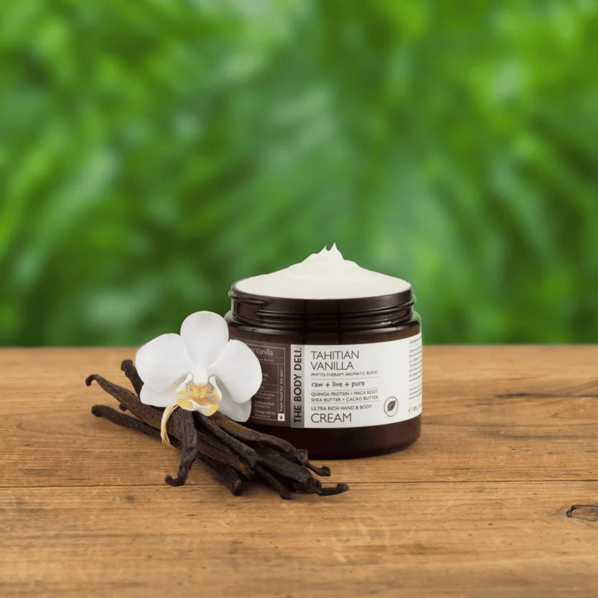 body deli cream on wood with plants